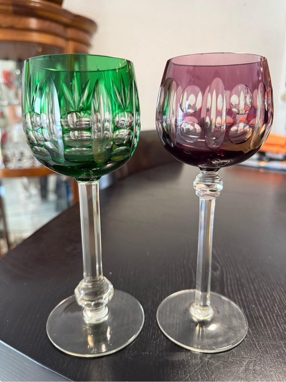 Colored Cut Crystal Wine Glasses - Green and Purple